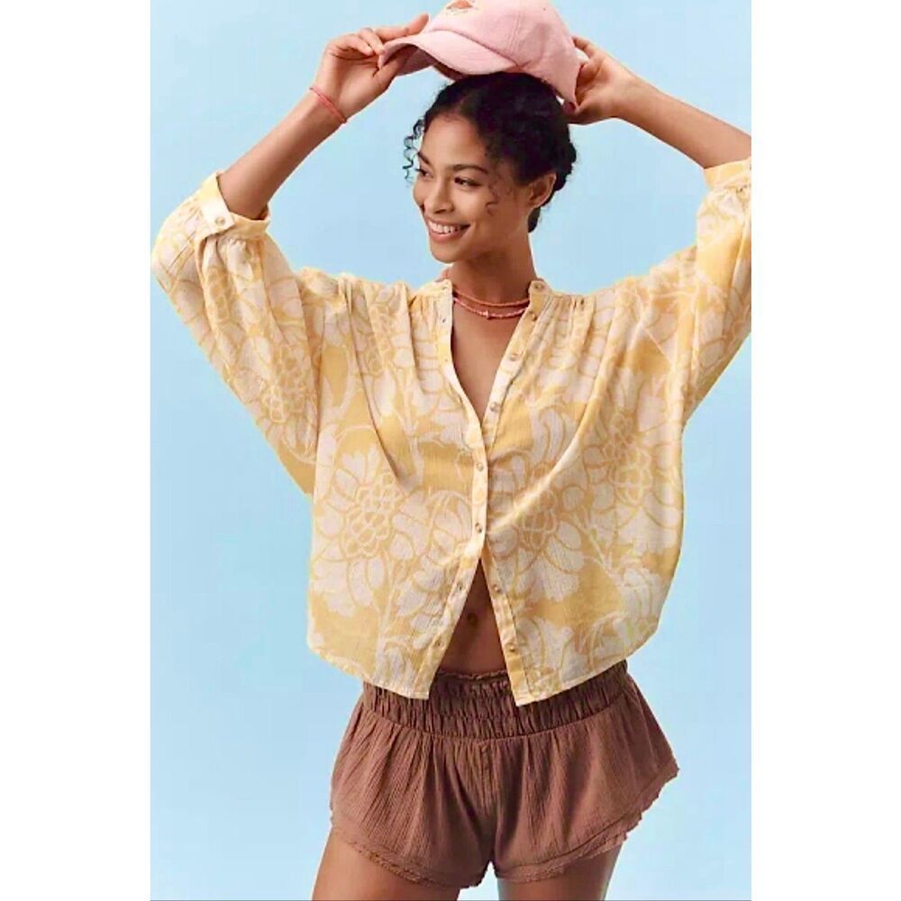 Anthropologie Pilcro Blouse Sidney Batwing Sleeve Button Front Floral Yellow siz